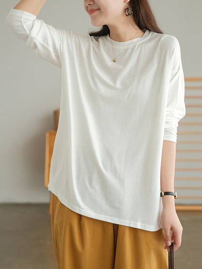 Casual Simple Solid Color Loose Round-Neck Long Sleeves T-Shirt