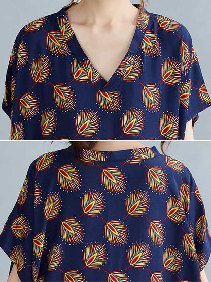 Vintage Printed V-Neck Batwing Short Sleeves Maxi Dress