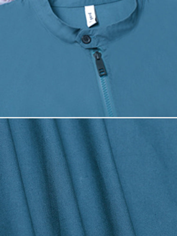 Simple Zipper Pleated Stand Collar A-Line Sleeveless Midi Dress