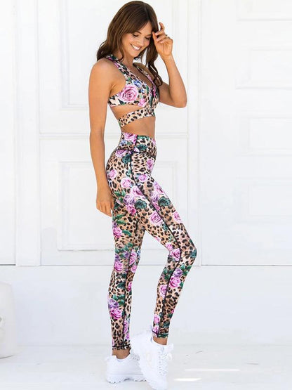 Zipper Leopard Floral Tank&Leggings Suits
