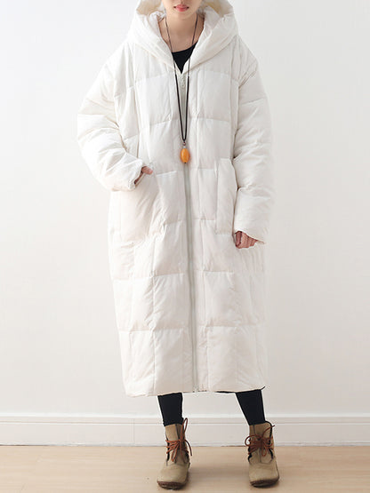 Simple White Duck Down Over Knee Solid Color Zipper Hooded Down Wear Coat