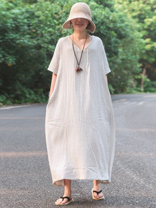 Simple Ramie Cotton V-Neck Short Sleeve Midi Dress