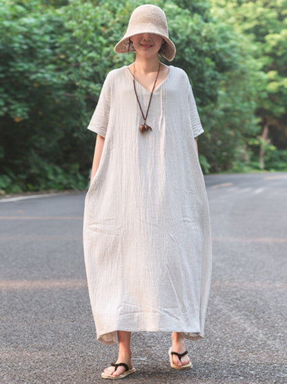 Simple Ramie Cotton V-Neck Short Sleeve Midi Dress