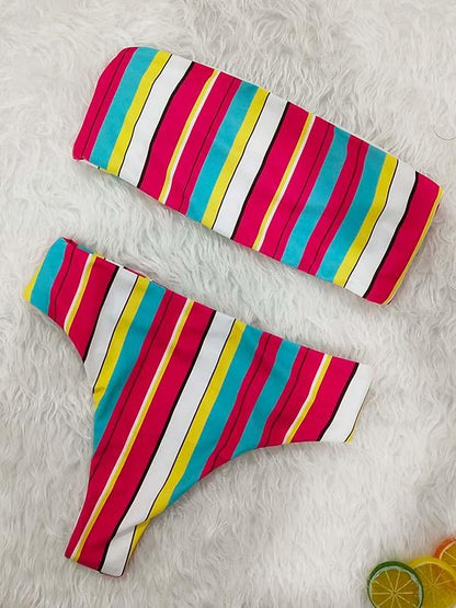 Strapless Solid Printed High Waist Bikinis Swimwear