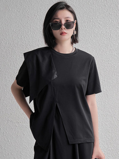Stylish Black Split-Front Asymmetric Split-Joint Short Sleeves T-Shirts