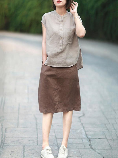 Solid High-low Short Sleeves Shirt