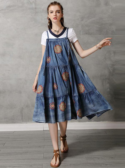 Vintage Denim Embroidery Braces Dress