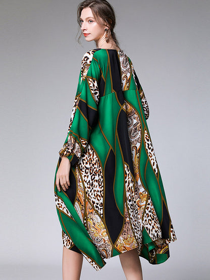 Casual Loose Split-Joint Contrast Color Leopard Floral Printed Lapel Collar Long Sleeves Midi Dress