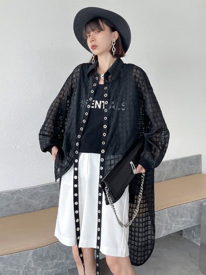 Stylish See-Through Buttoned High-Low Lapel Outerwear