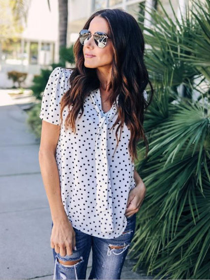 Polka Dot Loose Chiffon V neck Short Sleeve T-shirt