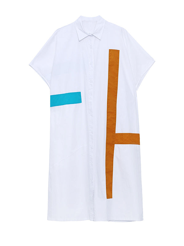 Original Loose Contrast Color Striped Printed Midi Shirt Dress