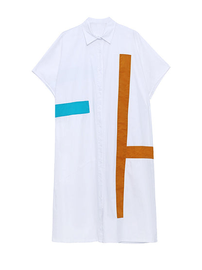 Original Loose Contrast Color Striped Printed Midi Shirt Dress