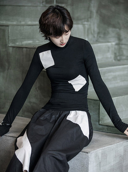 Casual Contrast Color Split-Joint High-Neck Long Sleeves T-Shirt Tops