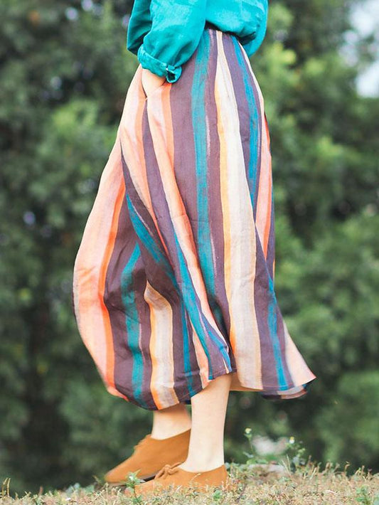 Colorful Stripe Ramie Cotton Skirt