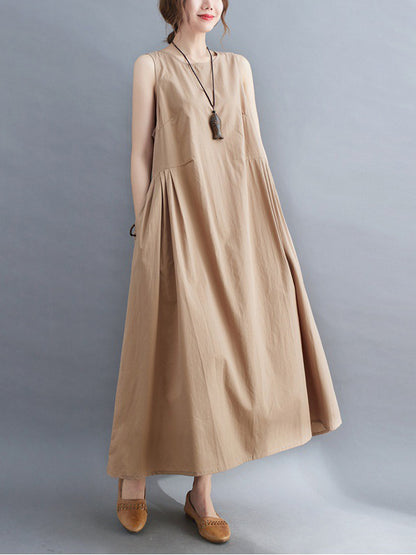 Simple Casual Loose Solid Color Pleated Midi Dress