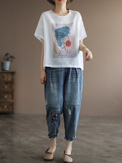 Original Linen Cartoon Printed Short Sleeve T-Shirts Tops