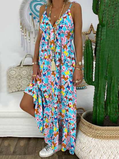 Beach V-neck Printed Spaghetti-neck Maxi Dress