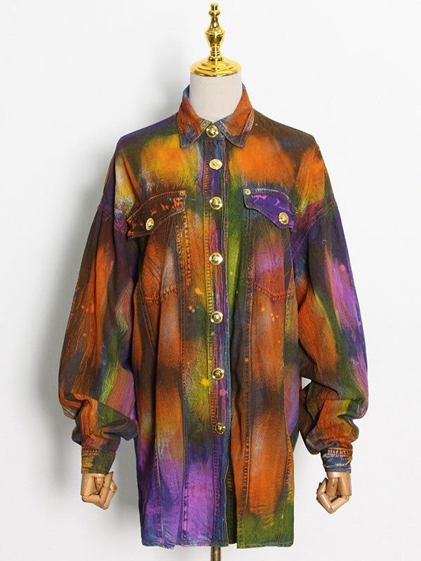Fashion Denim Tie-Dyed Long Sleeves Buttoned Outerwear