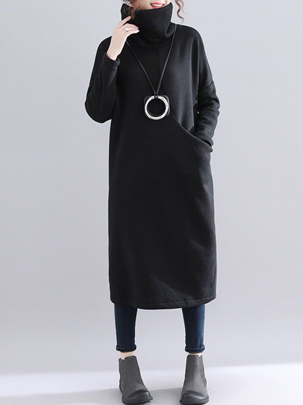 Simple Solid Color With Pocket High-Neck Long Sleeves Sweatshirt Dress