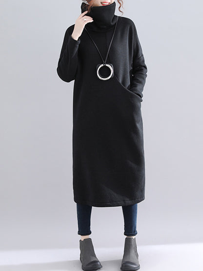 Simple Solid Color With Pocket High-Neck Long Sleeves Sweatshirt Dress