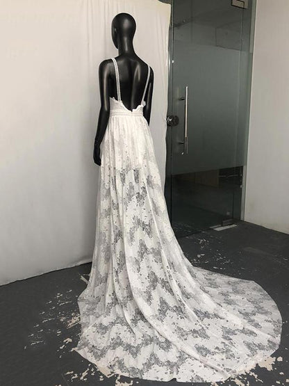 Deep V-neck Backless Big Hem Wedding Dress