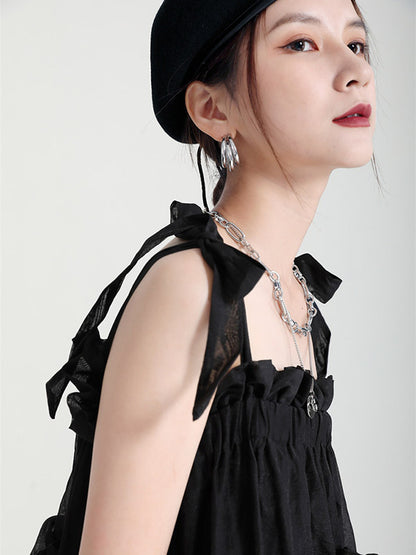 Stylish Cropped Pleated Split-Joint Bandage Spaghetti-Neck Midi Dress