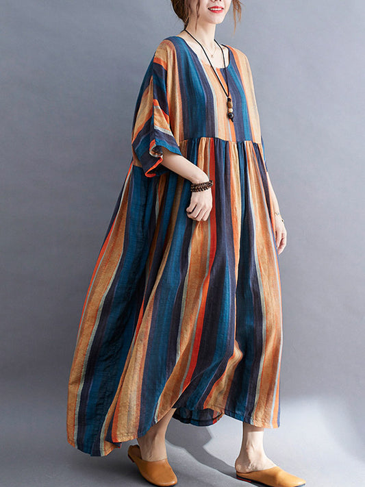 Colorful Stripe Split-Joint Round-Neck Long Dress