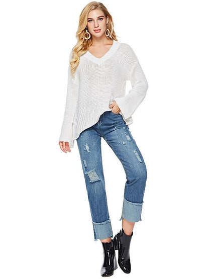 Sexy Long Sleeve  Solid Color V-Neck Sweater Tops