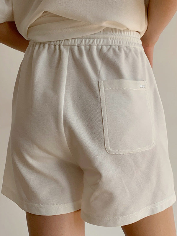 Casual Drawstring Elasticity Waist Solid Wide-Leg Shorts