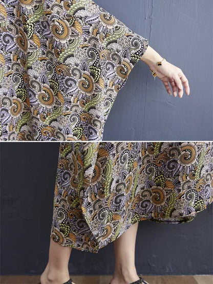 Loose National Floral Printed Round-Neck Batwing Sleeves Midi Dress