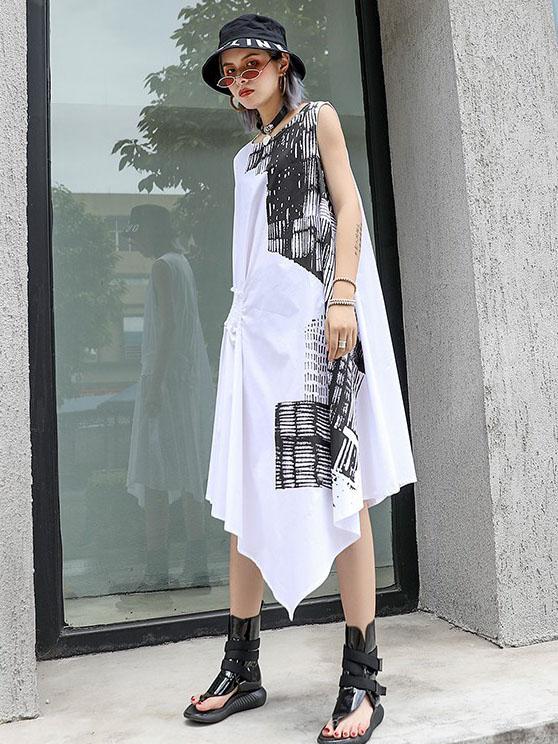 Asymmetric Printed Ruffled Sleeveless Dress