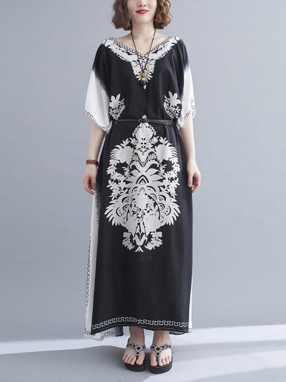 Bohemia Printed V-Neck Batwing Sleeves Contrast Color Maxi Dress