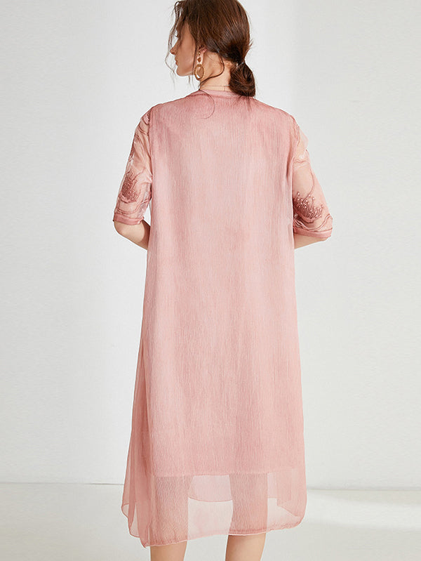 Original Artistic Retro Loose Embroidered Pleated Split-Joint Midi Dress
