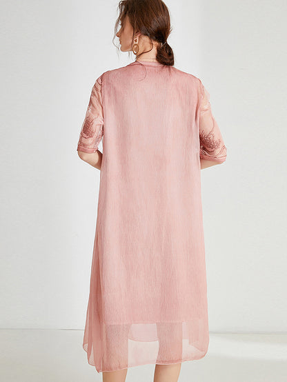 Original Artistic Retro Loose Embroidered Pleated Split-Joint Midi Dress