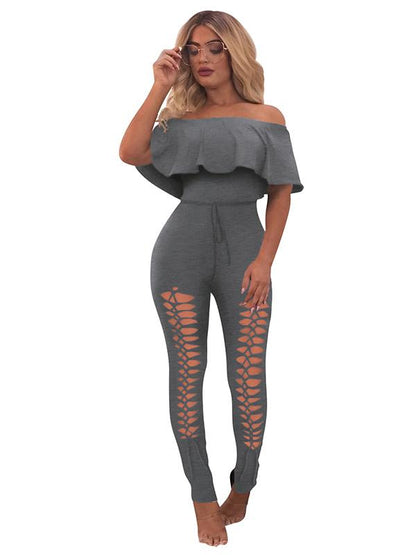 Off-The-Shoulder Lotus Leaf Sleeves Solid Sexy Jumpsuit