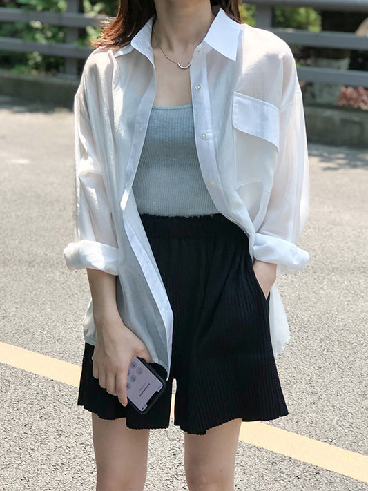 Casual Loose Solid Color Lapel Collar Long Sleeves Shirts