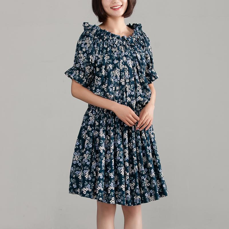 Cotton Off Shoulder Floral Navy Blue Dress