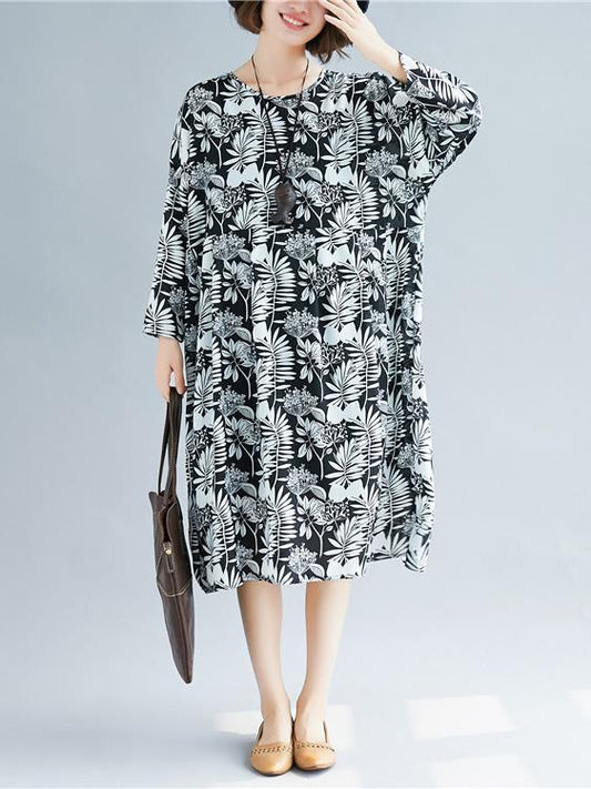 Loose Chiffon Plants Print Round-neck Long Dress+Black Jumper Skirt