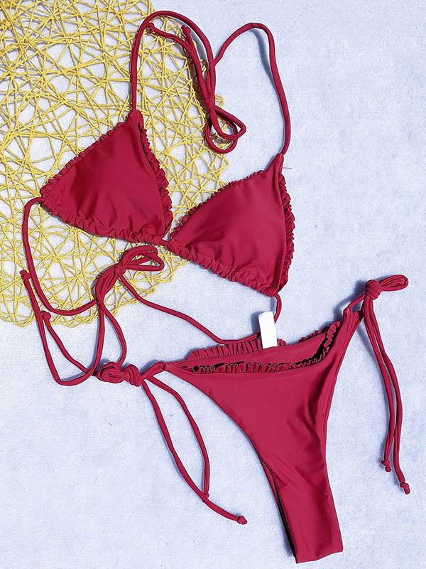 Solid Color  Triangle Ruffled Split Bikini Swimsuit