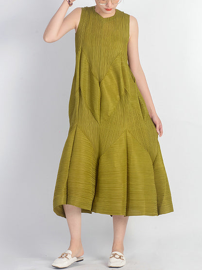 Casual Sleeveless Loose Pleated Solid Color Round-Neck Midi Dresses