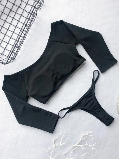Off-the-shoulder Ribbed Plain Tankini Swimsuit