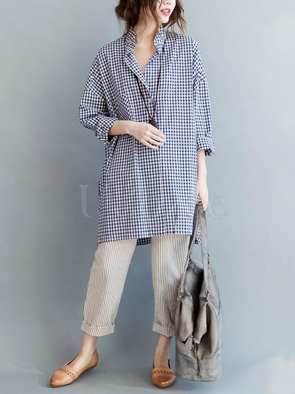 Casual Plaid Lapel Beaded Shirt