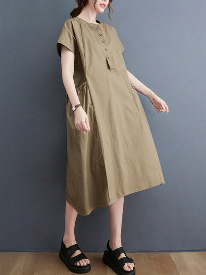 Casual Solid Color Round-Neck With Pocket Midi Dress