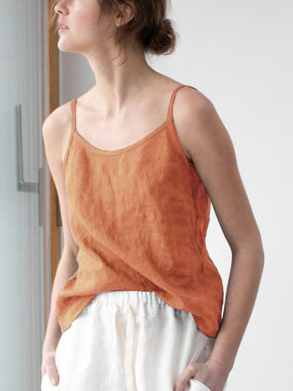 Vintage Ramie Cotton Spaghetti-Neck Round-Neck Mini Dress