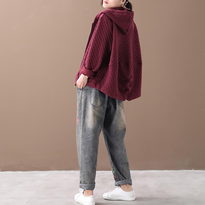 Buykud Retro Solid Color Zipper Autumn Hooded Coat