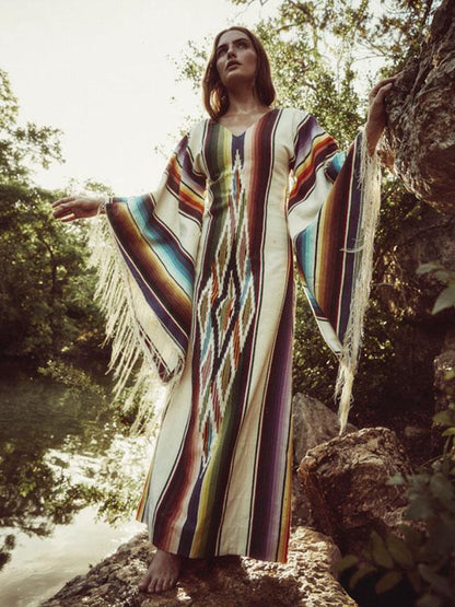 Tasseled Flared Sleeves Printed Maxi Dress