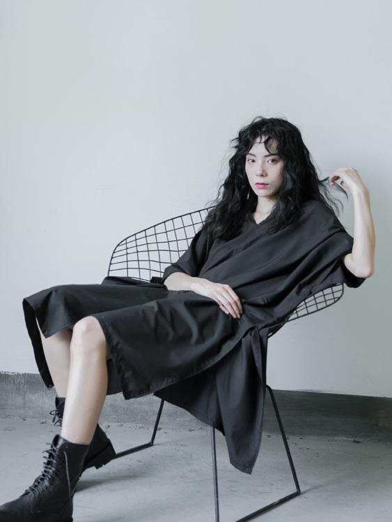 Simple Black Lace-up Batwing Sleeves Dress