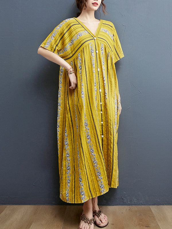 Floral Printed Casual V-Neck Buttoned Midi Dress