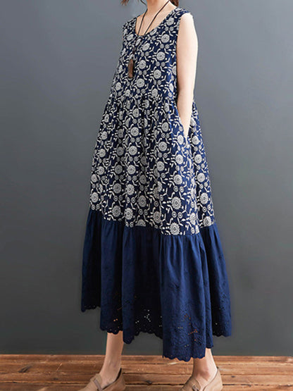 Loose Ramie Cotton National Printed Split-Joint Hollow Pleated Round-Neck Sleeveless Midi Dress