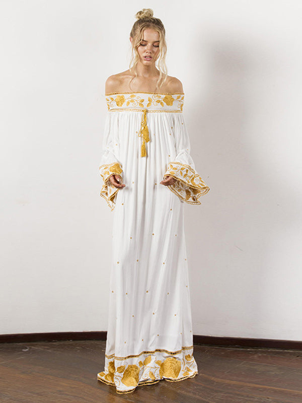 Vintage Embroidered Pleated Off-The-Shoulder Loose Maxi Dress